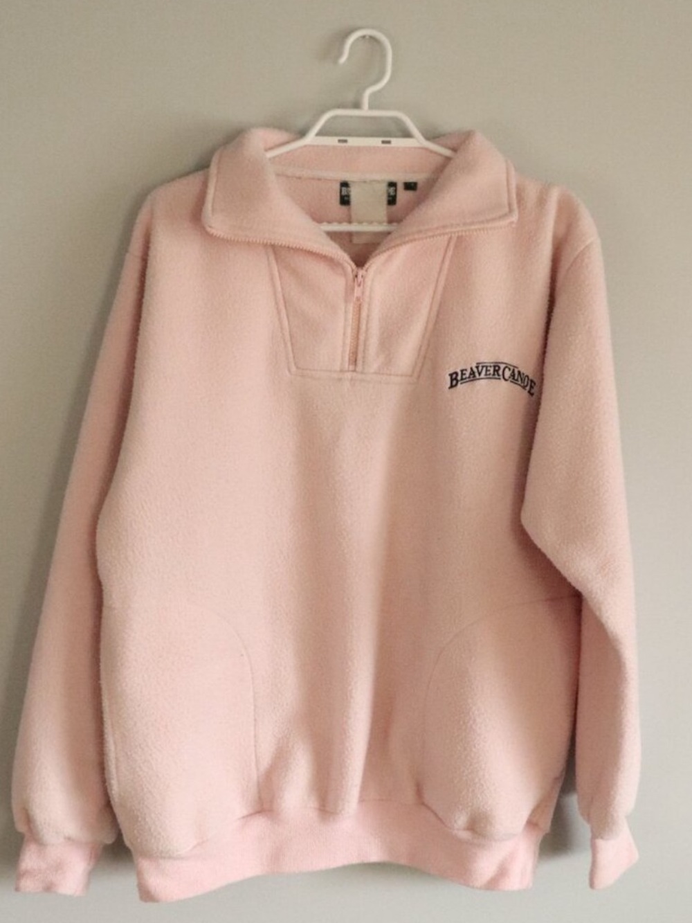 Vintage Beaver Canoe Women's L Pink Oversized Quarter-Zip Long Sleeve Sweater
